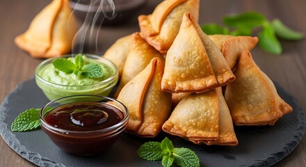 Golden Samosas Delight: A mouthwatering pile of golden-fried samosas, served with a fresh mint chutney and tamarind sauce, a culinary journey.