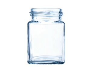 Empty, rectangular, transparent glass jar with a threaded neck, isolated on black