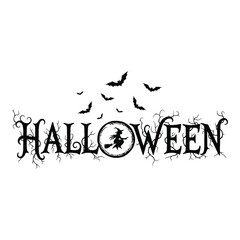 Halloween Calligraphy with Bats and Witch Illustration