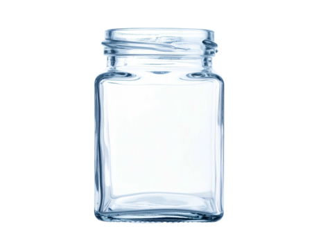 Empty, rectangular, transparent glass jar with a threaded neck, isolated on black - Powered by Adobe