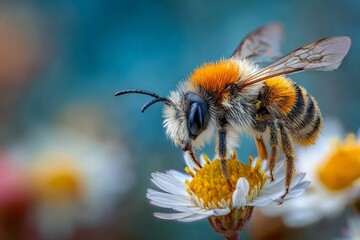 Bee collecting pollen from a white and yellow daisy flower, contributing to nature's cycle