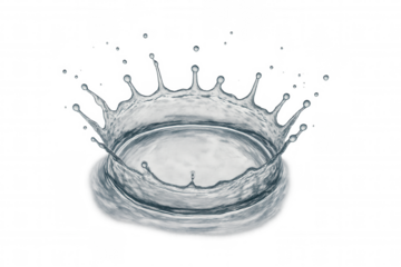 Water splash creating a crown shape with ripples and rising drops, abstract liquid wave element on transparent background