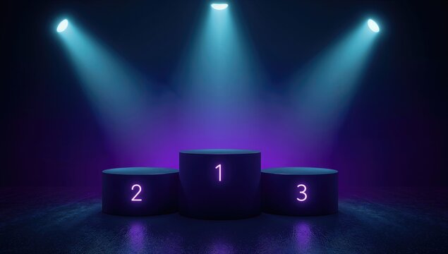 Futuristic neon-lit podium with glowing numeric cylinders under a spotlight. Concept for a high-tech stage setup.