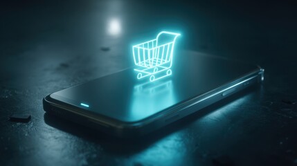 Futuristic Online Shopping Experience with a Smartphone Displaying a Neon Shopping Cart Icon at Night, Emphasizing E-commerce and Digital Consumerism
