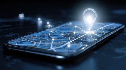 High-tech smartphone displaying a glowing map with location pin, modern navigation concept, digital city navigation, technology and innovation