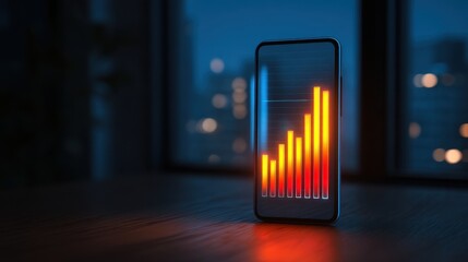 Smartphone with glowing graph representation of financial growth against city skyline backdrop during twilight showcasing modern technology and progress