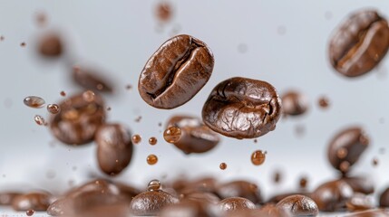 Fototapeta premium Fresh Coffee Beans Flying in Air with Water Droplets on Grey Background Capturing Delicious Aroma and Flavor of Brewed Coffee