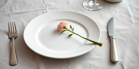 Sleek minimalist table setting; modern cutlery, white plates, textured linen, single stem flower,  tabletop,  elegant