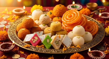 Festival of Flavors: A vibrant assortment of traditional sweets, meticulously arranged on an ornate platter, evoking a sense of joy and the celebratory spirit of the festivities.