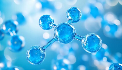 The illustration shows a 3D model of a molecule; it consists of several transparent blue spheres connected by thin bonds, set against a softly blurred background of similar blue tones.