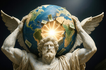 Obraz premium Global currencey reset concept with winged titan statue holding cracked earth globe and radiant light burst, dramatic symbolism and hopeful emotion