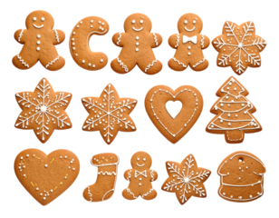 A collection of decorated gingerbread cookies in various shapes