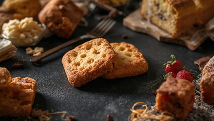 Crunchy cake rusk on a black backdrop