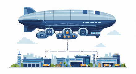 A futuristic airship delivery service concept. Flat design vector illustration of an automated logistics and supply chain network. E-commerce fulfillment and transportation technology