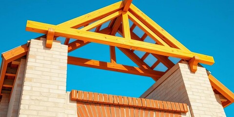 Timber roof truss over AAC block walls, rough window opening, brick lintel, blue sky,   design,  house