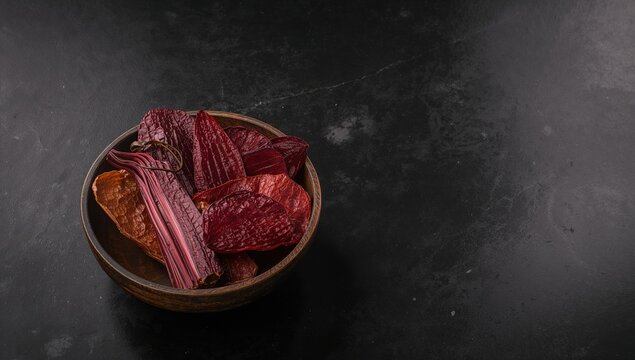 Dehydrated beet chips served in a wooden bowl on a dark stone background in an Asian-inspired culinary presentation