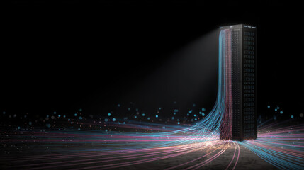 Luminous server tower optical fiber data center network cable cybersecurity cloud computing artificial intelligence big data. Luminous server