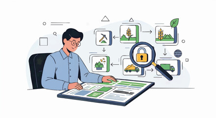 Flat vector design of an auditor reviewing a secure supply chain. Traceability, logistics, and immutability concept illustration. Modern infographic for business and technology