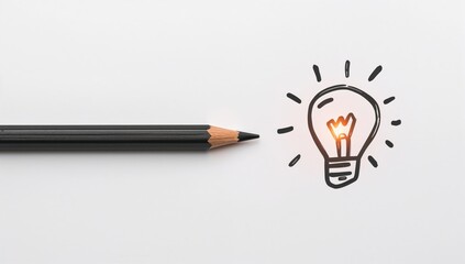 Dark pencil with sketched tip and glowing light bulb on blank sheet. Concept of creative motivation and ideas.