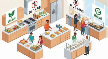 Naklejka premium Isometric illustration of a cafeteria with diverse dietary options. People choosing vegan, gluten-free, and halal food. Vector graphic on food inclusion