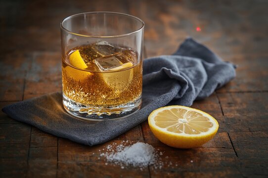 Tequila glass accompanied by a cloth and lemon wedge sprinkled with salt, placed on a rustic wooden surface. Detailed close-up with soft focus and warm-cool color grading.