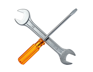 Crossed mechanic's tools including a screwdriver and open-end wrench on a clean background