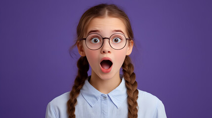 A teenage Russian girl isolated on a purple background, expressing surprise.