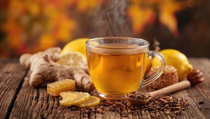 Warm fall beverage with ginger, lemon, and honey on a wooden surface