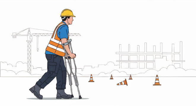 Vector illustration of an injured builder walking with crutches. Construction site accident and worker's compensation concept