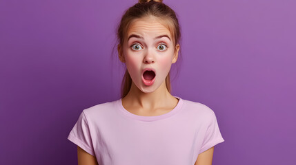 A teenage Russian girl isolated on a purple background, expressing surprise.