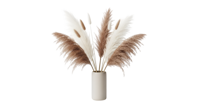 An elegant display of pampas grass radiating calming boho vibes in an off white vase set against a contrasting black