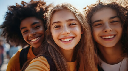 Teenage school friends smiling at the camera in a close-up shot.