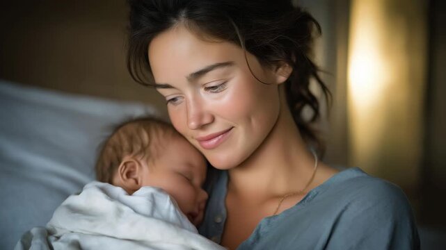 Mother&rsquo;s eyes welling with tears as she embraces her baby for the first time at home, emotion of love and relief captured, representing parenthood, trust, and emotional renewal in intimate family
