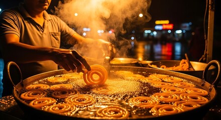 The Art of Jalebi Making: A culinary artisan, immersed in the craft, carefully fries jalebi in a large wok, the golden spirals sizzling in hot oil, a symphony of flavors and aromas filling the air.