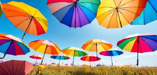 Vibrant multicolored umbrellas open in a sunny field,  summer,  multi-colored
