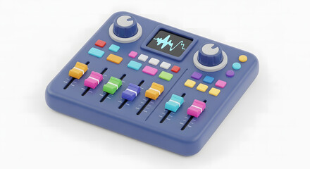 Compact Audio Mixer with Colorful Controls and Digital Display.