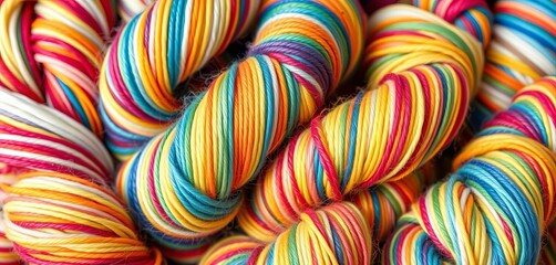 Vibrant yarn skeins with multicolored twisted stripes, colorful yarn, bright