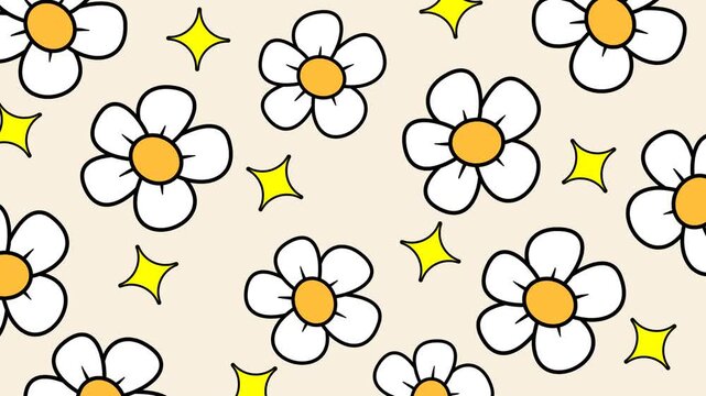 Doodle flower repeating pattern of white flowers and yellow stars creates a whimsical design.
