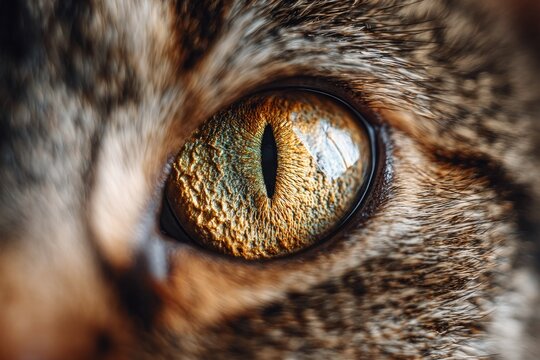 Cat eye captured in extreme close-up, revealing intricate iris texture and vertical pupil