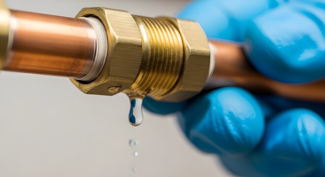Closeup of a plumbers gloved hand holding a leaky copper pipe joint with water droplets