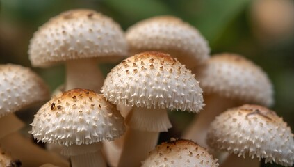 Macro shot of a vibrant cluster of mushrooms illuminated by soft lighting.