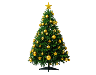 Fully decorated artificial evergreen tree on a black stand against a transparent background