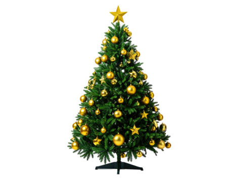 Fully decorated artificial evergreen tree on a black stand against a transparent background