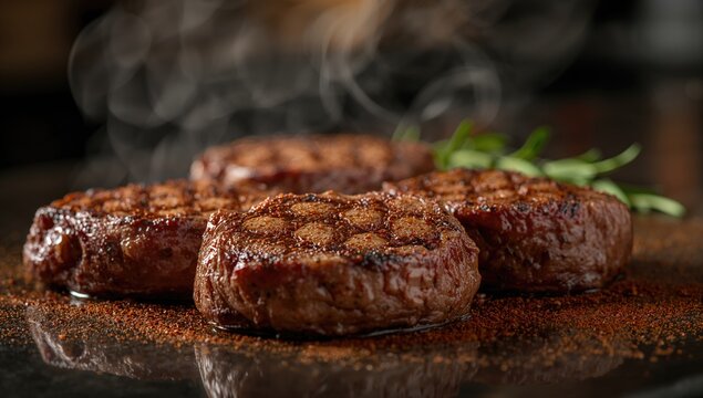 Detailed shot of seasoned raw steaks with herbs