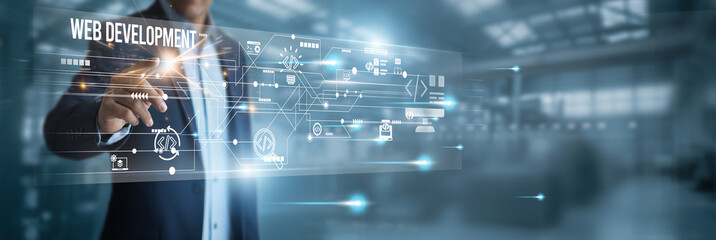 Web development technology with virtual screens on network connections, web development tools, building modern digital experiences, interactive systems, seamless design, online performance excellence.
