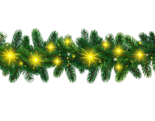 A vibrant, digitally rendered garland made of evergreen branches with golden fairy lights