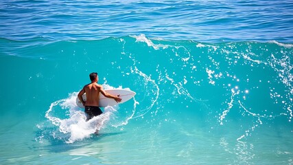 A shirtless surfer walks into the ocean holding a surfboard as a turquoise wave breaks, creating a splash of water in this dynamic coastal scene and watersport.