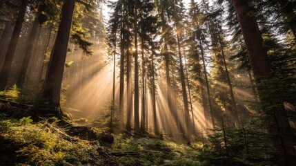 Fototapeta premium Sunlight Filters Through Tall Trees in Serene Forest, Casting Beautiful Rays of Light in a Lush Green Understory, Creating a Magical Atmosphere