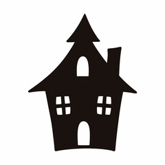 Whimsical Halloween Haunted House Silhouette with Windows, Chimney and Central Tower