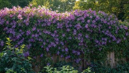 Obraz premium Fence fully adorned with blooming clematis in a residential garden